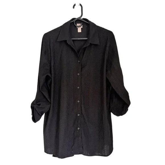 Chico's Black Collared Button Up Embroidered detail Size 2 - Picture 1 of 6